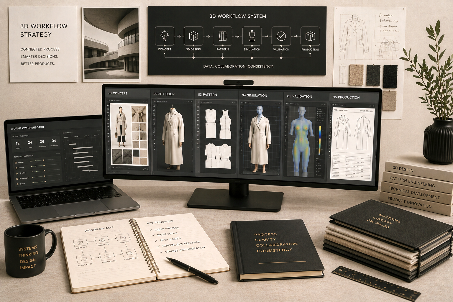 3D fashion workflow strategy connecting digital design, pattern development, simulation, validation and production.