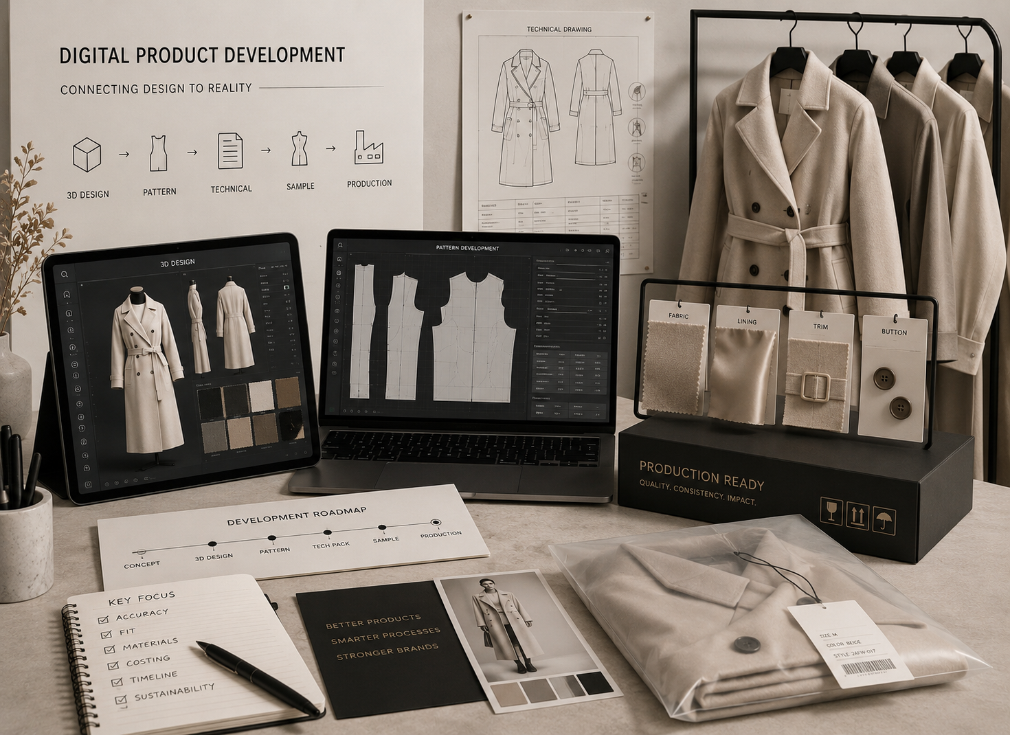 Digital product development system for fashion integrating 3D design, pattern development, technical design and production workflows