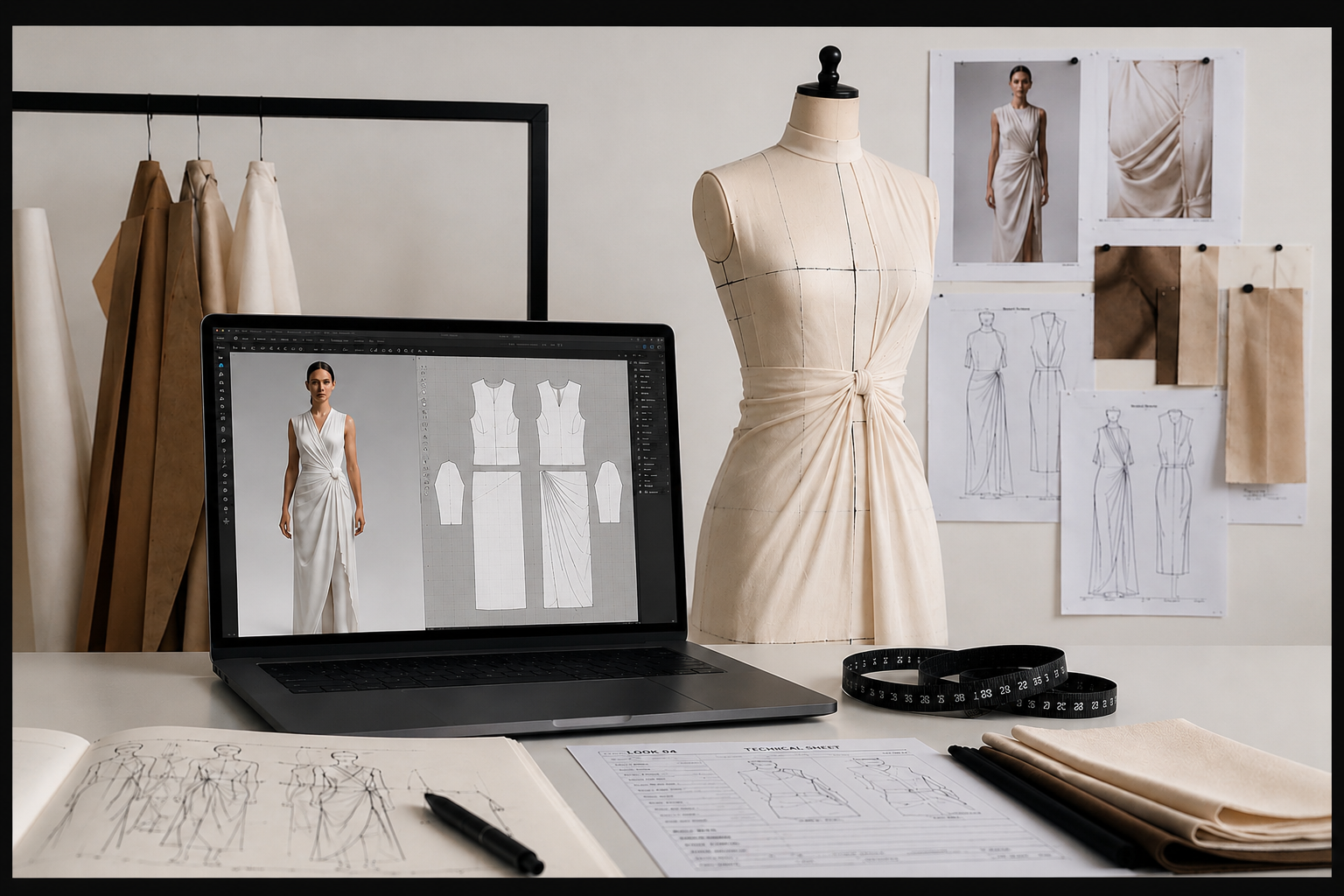 Fashion product development workflow combining 3D garment design, pattern development and technical fashion design.